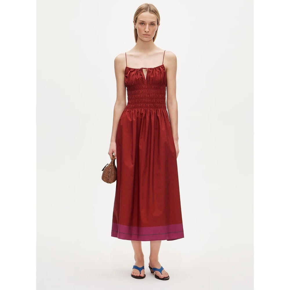 J.Crew Reverie Dress Red Purple Colorblock Cotton Poplin Smocked Midi Size M NWT